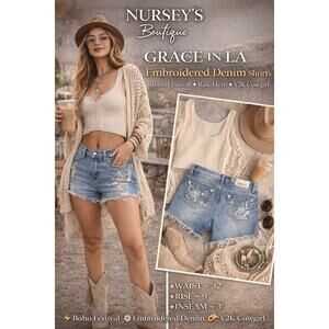 Grace in LA Embroidered Denim Shorts Raw Hem Boho Festival Size 29